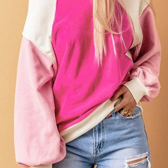 Rose Colorblock Long Sleeve Pullover Fleece Sweatshirt - Picture 9 of 16